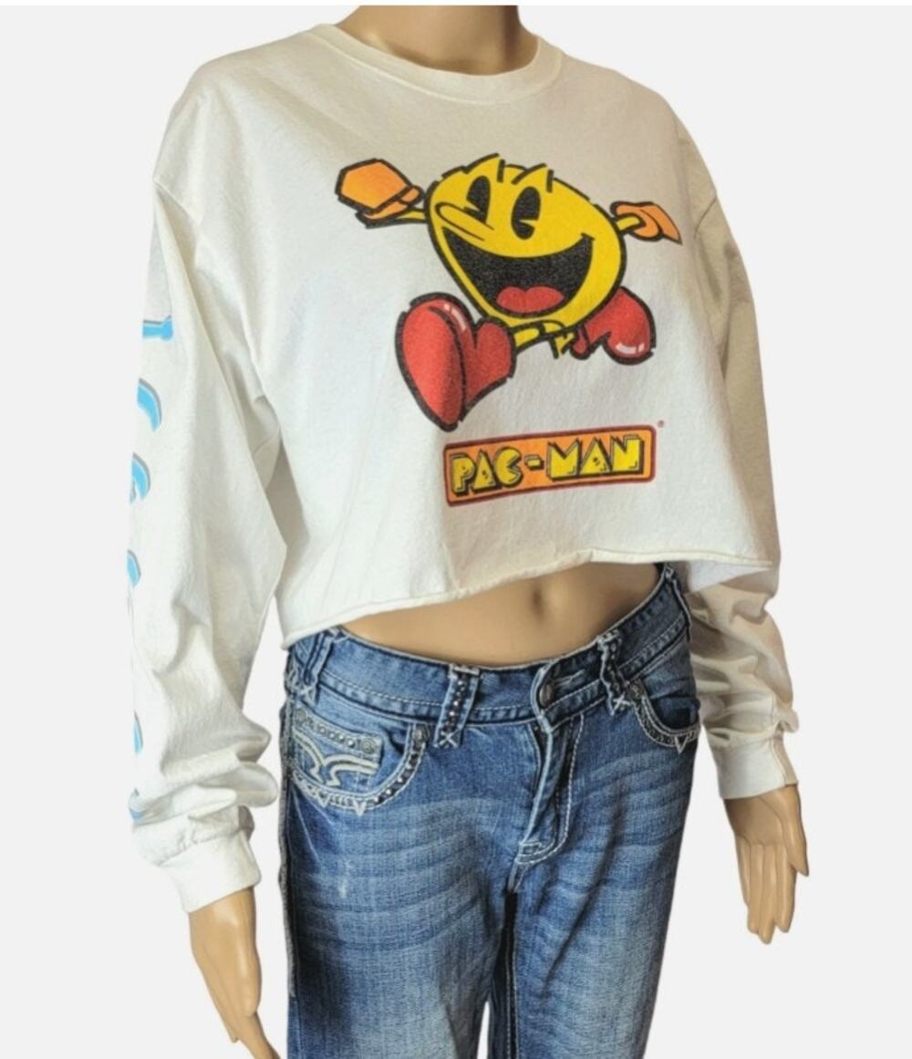 Pac-Man LS White Crop Tee "Power Up!" Sleeve - Size Large